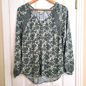 Knox Rose Long Sleeve Floral Blouse Green V-Neck 1/4 Button Boho Popover Size XS
